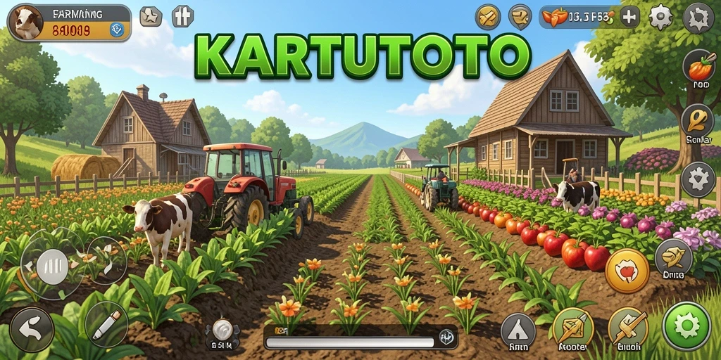 Tampilan gameplay KARTUTOTO dengan ladang pertanian yang subur.