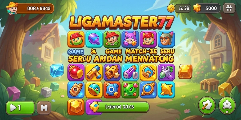 Tangkapan layar gameplay LIGAMASTER77 dengan aksi Match-3 yang seru.