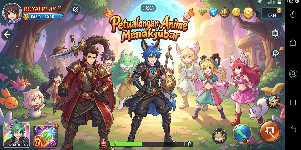 Tangkapan layar permainan ROYALPLAY menampilkan aksi karakter Anime yang mendebarkan.