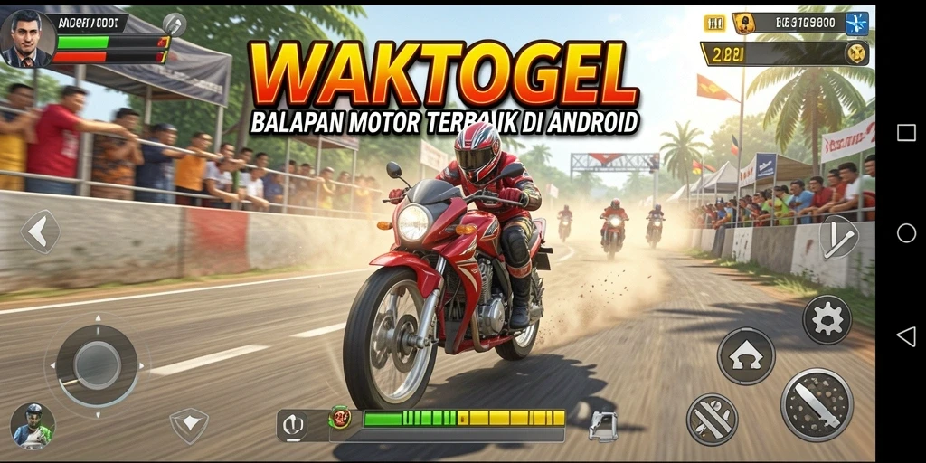 Screenshot utama WAKTOGEL menampilkan balapan motor yang penuh adrenalin.